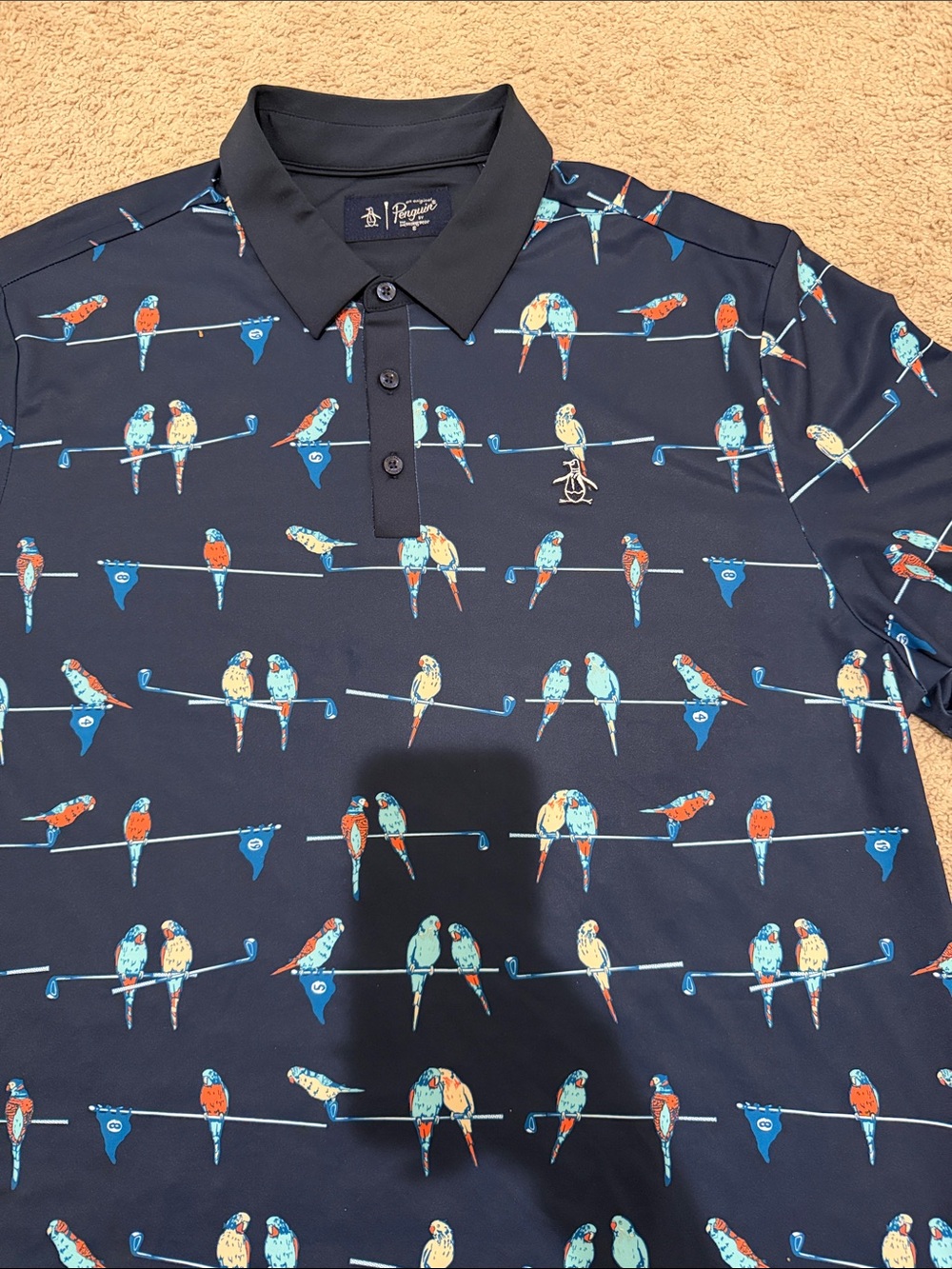 Original Penguin Navy Golf Polo with Multicolor Parrot Pattern
